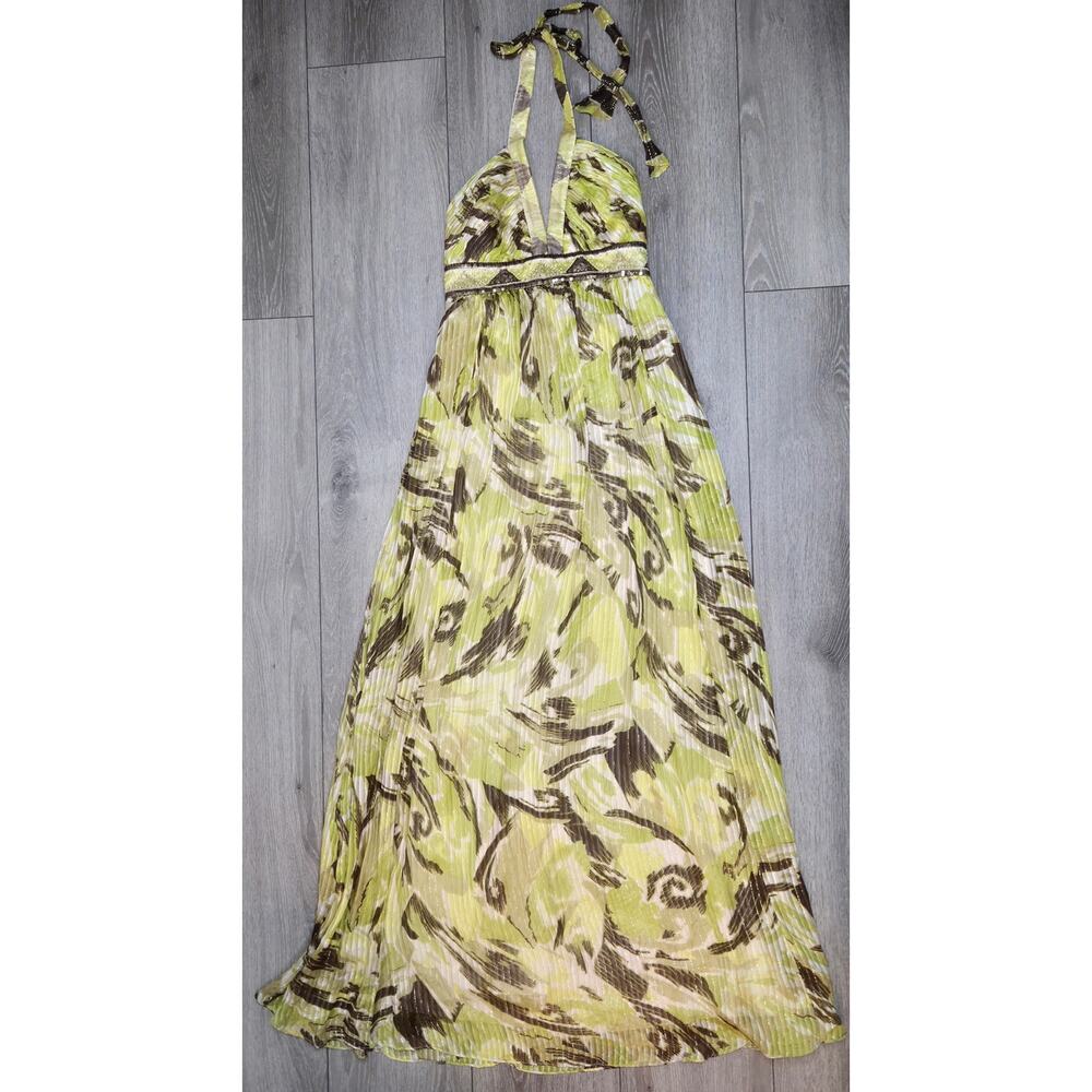 BCBGMAXAZRIA Silk Maxi Dress 2 Y2K Beaded Sequin Halter Green Gold Metallic Gown